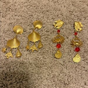 Gold and Red Dangle Earrings Set